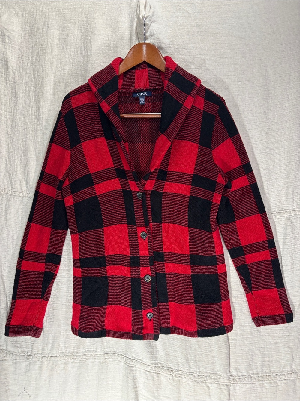 Chaps 100% Cotton Buffalo Plaid Shawl Collar Cardigan Sweater Size Medium